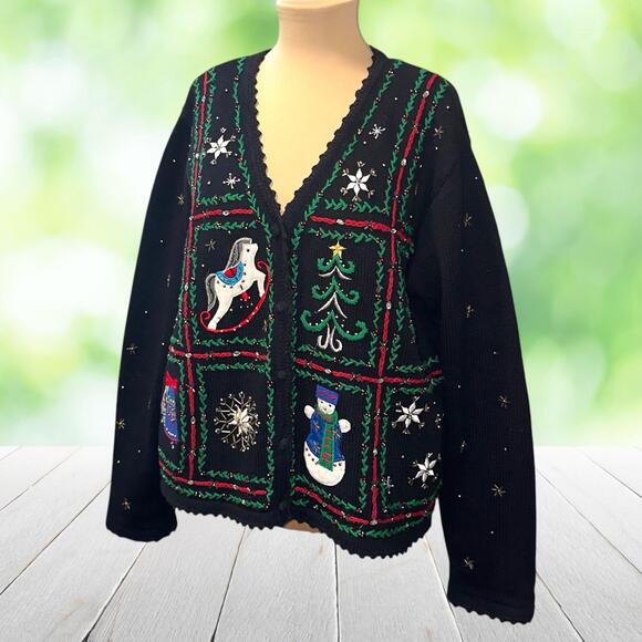Designers Originals Sweaters - Vintage Embroidered Christmas Cardigan Sweater Rocking Horse Beaded Black Size L
